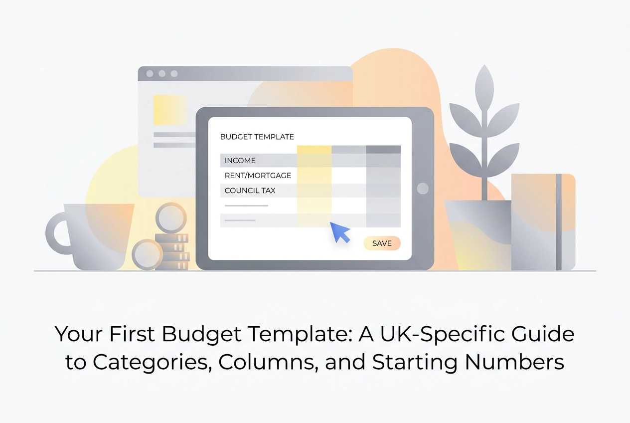 Professional header image for educational tutorial: Your First Budget Template: A UK-Specific Guide to Catego...