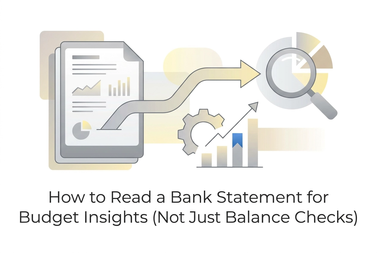 Professional header image for educational tutorial: How to Read a Bank Statement for Budget Insights (Not Jus...