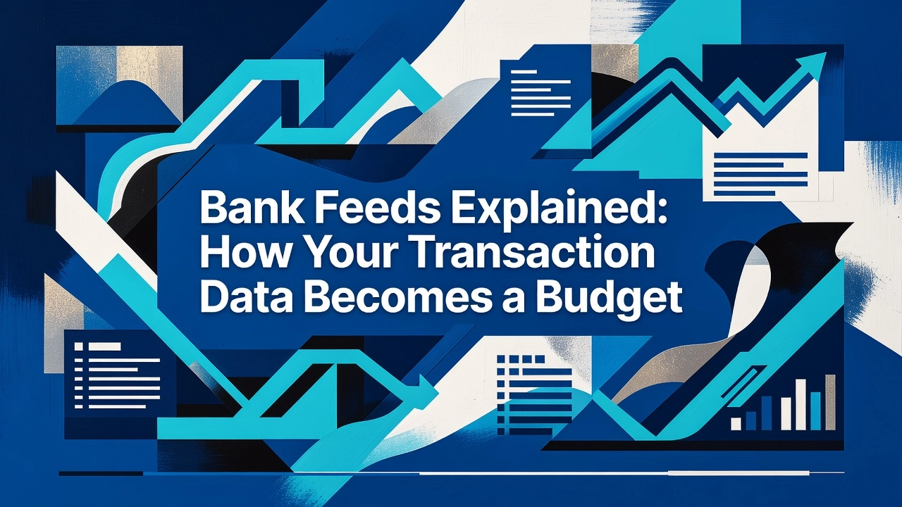 Professional header image for educational tutorial: Bank Feeds Explained: How Your Transaction Data Becomes a...